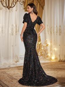 【随机印花】SUPGIR 女士V领长袖亮片拼接修身高开衩舞会礼服气质晚礼服 - 黑色 - 查看 2