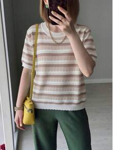 GIGOGOU Áo thun nữ mùa hè mới, tay ngắn, kẻ sọc, khoét lỗ, chất liệu dệt kim, màu hồng. - Hồng - Xem 4