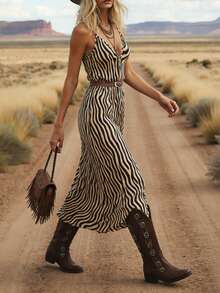 女士时尚百搭休闲优雅斑马纹V领无袖开衩连衣裙，春夏款 - 彩色 - 查看 4