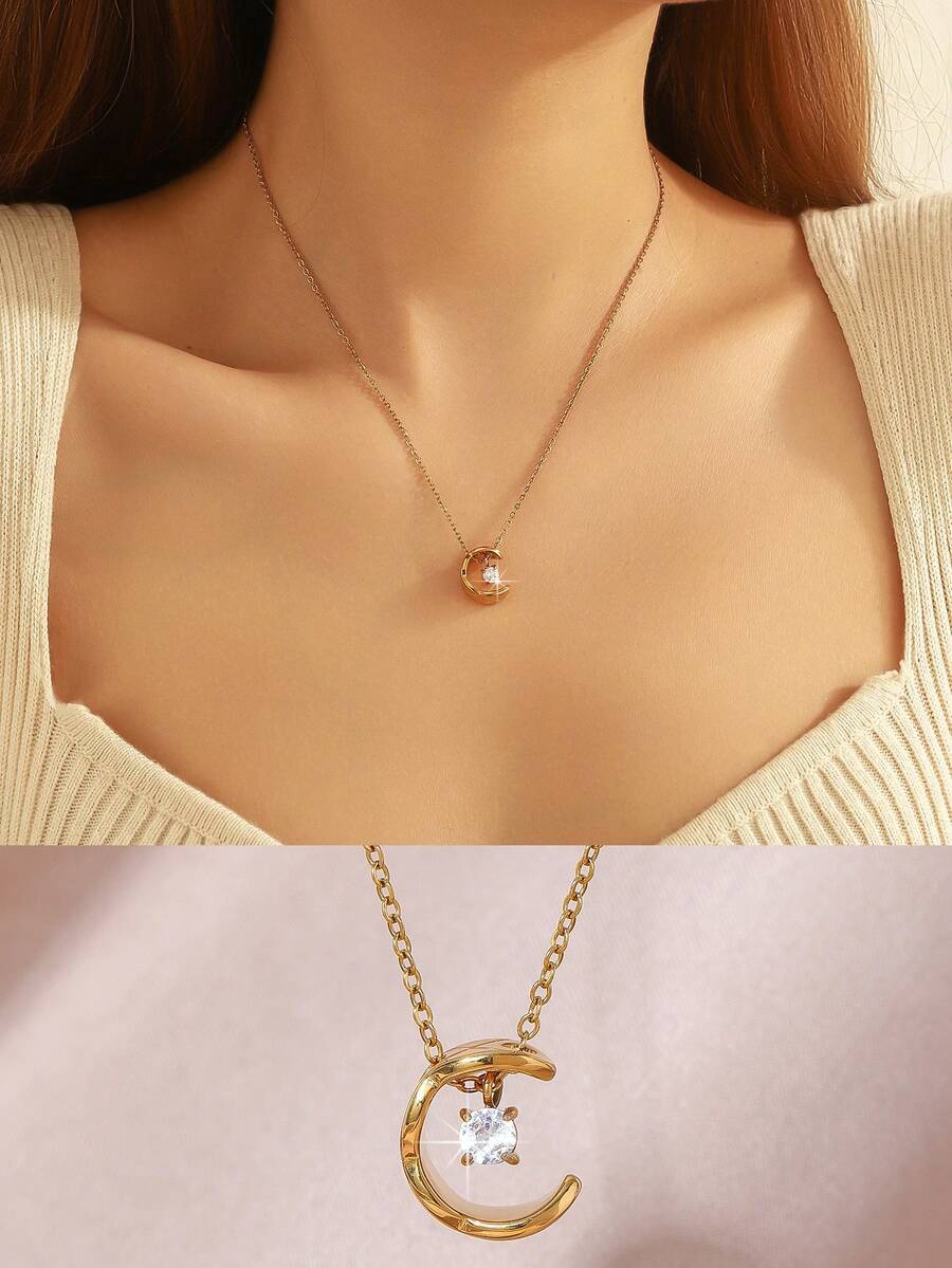 1件18K镀金不锈钢C形吊坠项链，优雅浪漫风格，简约复古风，适合日常、通勤、街头、派对佩戴，精美礼品。 - 金色 - 查看 1