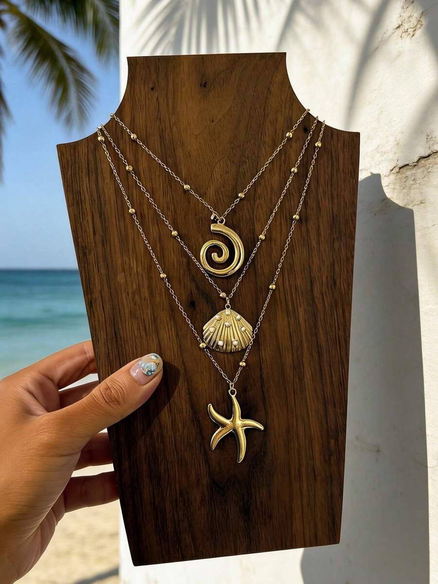 3pcs Pearl, Shell, Starfish Pendant Necklace, Boho Beach Style - Gold - View 1