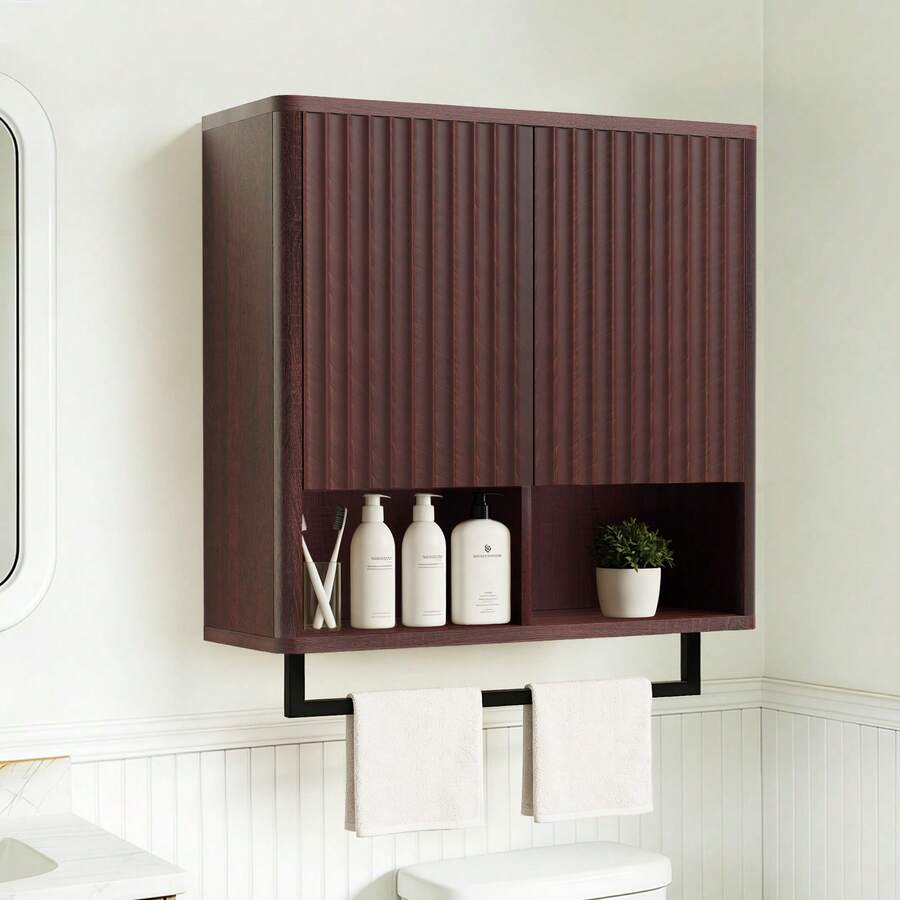 Bathroom Wall Storage Cabinet, Over The Toilet Medicine Cabinet, Hidden Storage & Open Shelves, Small 2-Door Multi-Functional Bathroom Organizer With Towel Bar For Bathroom & Kitchen - 胡桃色 - 查看 1