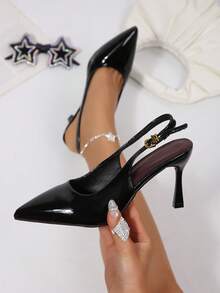 Giày bít mũi nhọn gót mỏng bằng da bóng cao cấp kiểu retro mùa hè mới, giày lười quai ngang mắt cá chân thanh lịch, phù hợp cho công sở, dự tiệc và nhiều dịp khác nhau. - màu đen - Xem 1