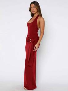 Women's Sexy Backless Sleeveless Elastic Knit Bodycon Maxi Dress Elegant Red - Red - View 5