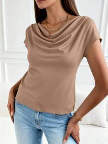 PRETTYGARDEN Women's Summer Clothes Tops Dressy Casual Clothing Cowl Neck Short Sleeve Blouses Business Work Office Shirts  Tops For Women - 卡其色 - 查看 3