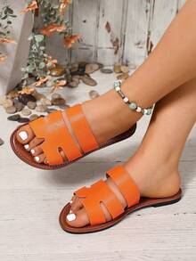 Ximi Ruo Wide Fit Rhinestone Embellished Comfortable Slippers, Korean Casual Flat Sandals For Women, Open Toe Slides For Spring, Summer, Beach, Casual Wear - Orange - View 5