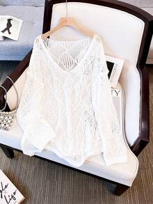 Women's V-Neck Hollow Rhombus Design Loose Knit Cover Up, Airy And Breathable For Beach/Resort Wear, Spring/Summer Vacation - 白色 - 查看 9