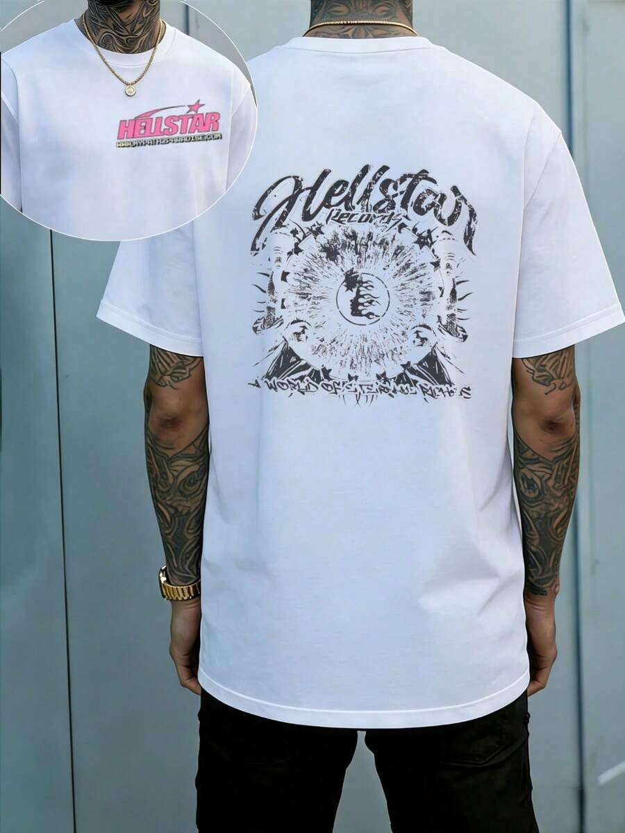 Hellstars Records World Of Eternal Rights Vintage T-Shirt Double Sided Printed (220g 100% Cotton T-Shirt),Summer Clothes, Men's Tops, Casual And Comfortable, Fashionable Graphic Tee, Unisex Style - 白色 - 查看 1