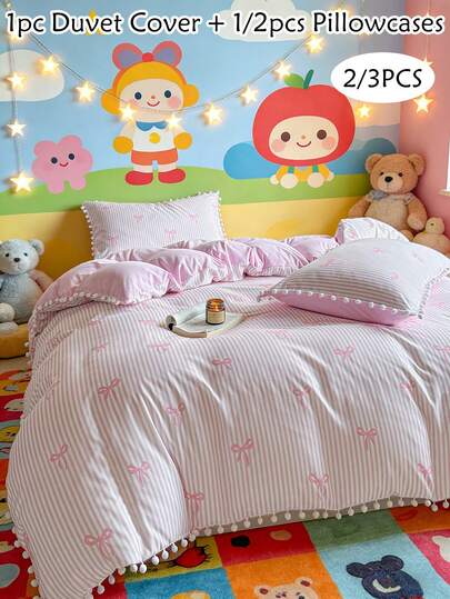 2/3pcs Pink Striped Bow Print Duvet Cover Set With Pom Poms & Tassels, Soft & Breathable Polyester Bedding Set For Girls, Children & Teens, Suitable For All Seasons (1 Duvet Cover + 1/2 Pillowcase, No Filler)