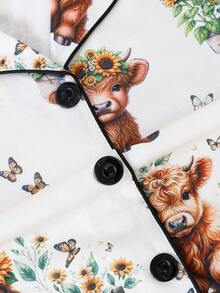2pcs/Set Girls' Casual Funny Highland Cow Print Polo Collar Short Sleeve Cardigan And Shorts Pajama Set, Flame Retardant, All Season - Apricot - View 6