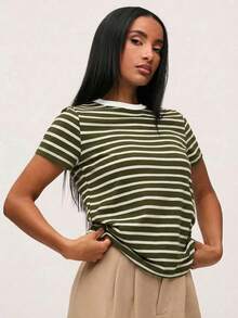 SHEINBASICSS Striped Print T-Shirt/Summer - Army Green - View 3