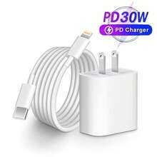 1-2 件套 30W 快速充电套装，兼容 14 Pro Max/14 Pro/14 Plus/14，包含 1 个 USB-C 墙式充电器 + 200 厘米 Type-C 转 Lightning 数据线，兼容 14/13/12/11/XS/XR/8/7/6 系列 - 美規A型插(110-127V) - 查看 10