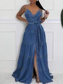 Women's Sexy V-Neck Halter Denim Dress | Backless Adjustable Strap, Tiered & Split Design, Flowy Silhouette, Ideal For Dates & Casual Outings - 藍色 - 查看 3