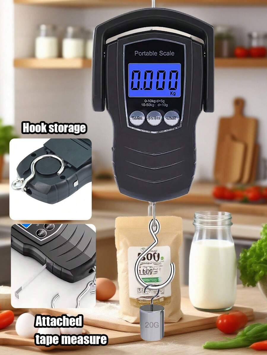 1 pieza Báscula portátil de alta calidad, báscula de viaje multifunción, báscula de equipaje de 110 lb/50 kg, báscula digital para el hogar, báscula colgante para envíos, báscula colgante para compras, báscula digital, báscula colgante para pesca, incluye cinta métrica de 150 cm/59 in, adecuada para el hogar, hotel, equipaje, viaje, avión, con asa grande, pantalla LCD retroiluminada, función de bloqueo de peso (baterías no incluidas)