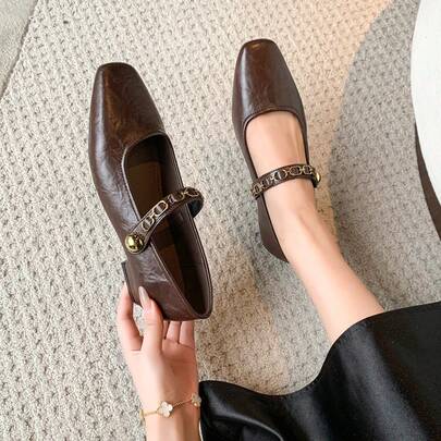 Giày Mary Jane nữ đế dày, giày đế thấp quai xích mới, giày Mary Jane, giày da đế thấp và đế cao, hàng mới về mùa xuân/thu.