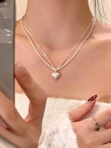 CVNANA 1件时尚迷人双层仿毛皮心形吊坠项链，优雅精致百搭的颈链，适合日常佩戴、派对、约会，也是送给朋友的理想礼物。 - A - 查看 2