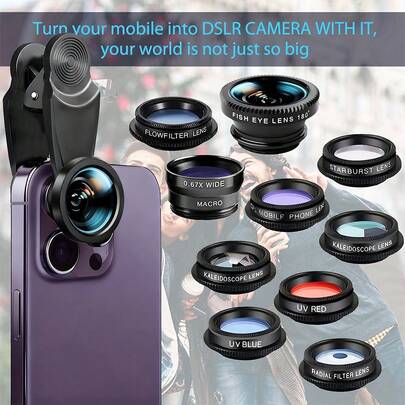 Kit de lentes de cámara para teléfono 10 en 1 - Lente ojo de pez de 210°+ Lente macro 125X + Lente gran angular 120X + Lente teleobjetivo 2X + CPL + Caleidoscopio + Estrella, lentes de fotografía para smartphone compatibles con iOS y Android para vacaciones de invierno, viajes, fotografía creativa, contenido para redes sociales, vlogging, grabación de video en vivo, accesorios de fotografía
