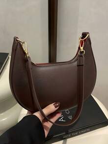 New Fashionable And Simple Crescent-Shaped Bright Surface Shoulder Bag, With A Distinctive Texture And Classic Look That's Suitable For Daily And Commuting Use, Detachable Shoulder & Crossbody Bag, Business Casual Women Bag, Perfect For Office, Business And Work, Japanese Bag, Vintage Bag For Women, Street & Japanese Bag For Women , Old Money - 棕色 - 查看 2