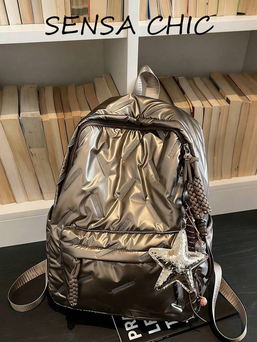 Gold Color Student Backpack, Brand New Fashion Classic College Style, Solid Color Design, Decorated With Rhombus Pattern And Gold Star Pendant. Large Capacity Design, Multiple Pockets, Suitable For Travel And Vacation, Ideal Choice For Campus Use During School Term, Also Suitable For Short-Distance Travel. - Gold - View 1