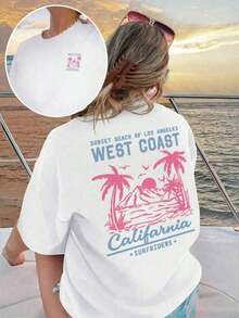 sommer oberteile damen ZIVRE baumwolle damen t-shirts Damen Neue Sommer Lässig Rundhals Kurzarm T-Shirt, minimalistischer vielseitiger Palmbaum Slogan Muster, geeignet für den täglichen Gebrauch.Grafik T-Shirt, Damen Weißes Top, Schwarzes Top, Rosa Top, Urlaub. t shirt damen - Weiss 3 - Übersicht 3