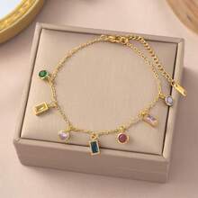 Set de 2 piezas de joyería lujosa y elegante, hecha de acero inoxidable chapado en oro de 18K, decorada con circonita cúbica multicolor, adecuada para que las mujeres la usen en vacaciones, fiestas y vida diaria - Multicolor - Ver 4