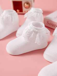 6/3/1 Pair Baby/Toddler Girls' Spring/Summer Double-Layer Lace Trim Socks, Elegant Sweet Fine Smooth Dance Socks, Cute Casual Soft Breathable Moisture-Wicking White Short Socks, Suitable For Princess Dress, Dance Practice, Birthday Party, Travel, Multiple Combinations Available - White - View 3