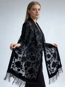 1pc Black Elegant Velvet Fashion Versatile Unique Charming Long Tassel Shawl Scarf, Suitable For Evening Party - Black - View 15