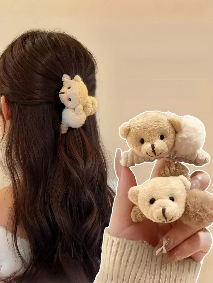 Presilha de cabelo com bola de ursinho, modelo meio preso, ideal para mulheres. Presilha de pelúcia para outono/inverno. Presilha lateral pequena para cabelo, acessório para penteado meio preso na parte de trás da cabeça.