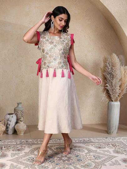 2026新款斋月传统优雅无袖连衣裙，彩色刺绣串珠女式长袍