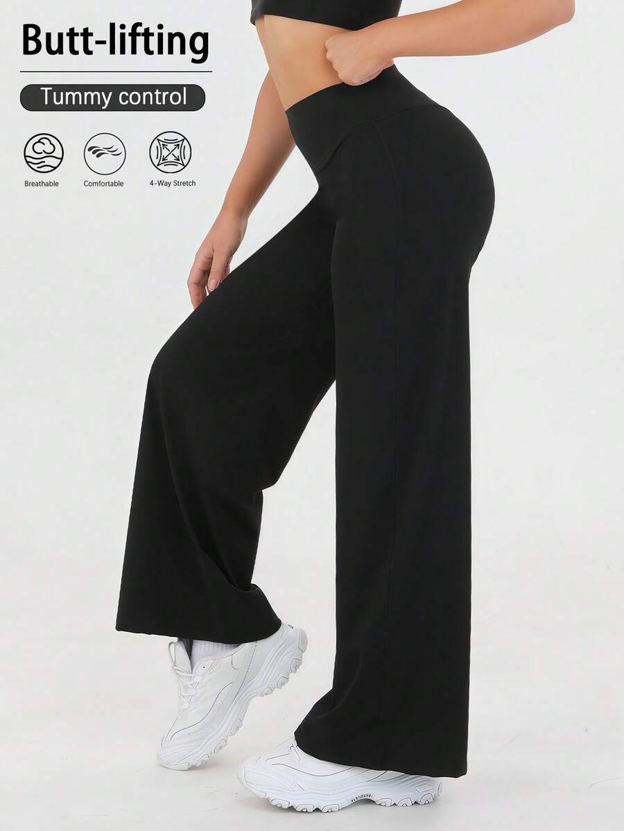 Women's Casual Sports Pants - High Waist Loose Casual Pants - Comfortable And Elastic Loose Pants Made Of Elastic Material - Straight Leg Pants With Hem For Spring And Summer Yoga Pants, Women's High Waist Elastic Casual Soft Straight Leg Pants - 黑色 - 查看 1