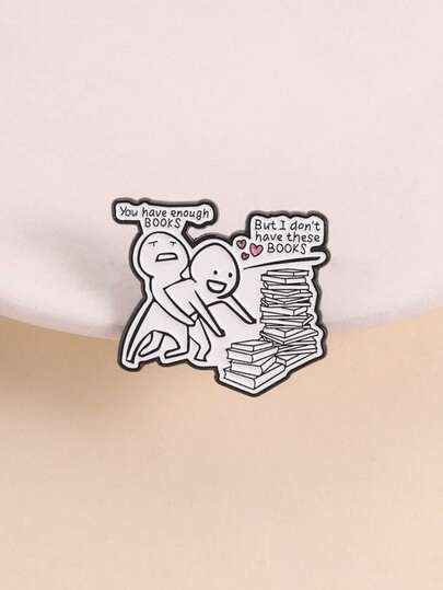 You Have Too Many Books, But I Don't Have These" Small White Person Pulling Badge, Cute Healing Bookworm Self-Deprecating Style, Persuader Frowns, Book Buyer's Eyes Shine With Love Rushing Towards Book Mountain, Two-Person Interaction Design, Reading Person's Corporate Obsession Accessory