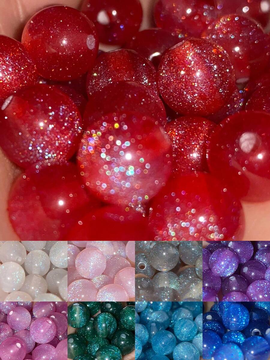 50颗8/10毫米鲜艳彩色珠子 - 合成树脂圆珠，带有星空般闪亮效果，适合制作珠宝、手链、项链 - 母亲节DIY手工材料，珠宝制作珠子