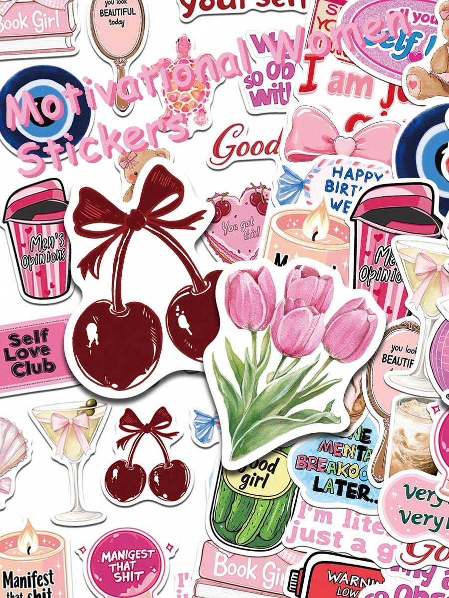 50张粉色涂鸦励志女性贴纸，适用于笔记本电脑、剪贴簿、行李箱、滑板、头盔等，卡通美学风格，创意礼物，剪贴簿用品，文具，趣味贴纸，Kindle适用 - A - 查看 1