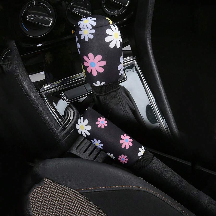 2 piezas Conjunto de accesorios interiores de coche minimalistas y transpirables, Funda para freno de mano y palanca de cambios, Patrón de margarita, Universal para todas las estaciones - A - Ver 1