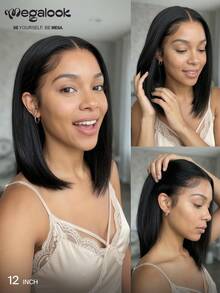 MEGALOOK 双拉直波浪波波头假发，真人发，13x6透明蕾丝假发，自然黑，无需胶水，三步即可佩戴，预剪漂白发结，拔毛发际线，100%真人发，双拉纬线制作，200%密度 - SNatural - 查看 3