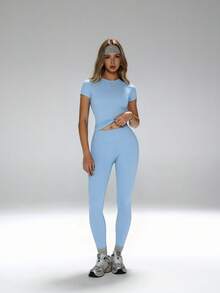 FWH #All-Match All-Season# Shaping Versatile Style Slimming & Flattering Shirt, Multi-Scenario Wear, Women's Slimming Athletic Yoga 2-Piece Set Sports - Blue - View 5