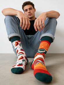 1 双男士不对称汉堡番茄图案中筒袜，四季皆宜 - 彩色 - 查看 7