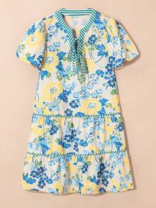 Đầm ngắn tay cánh hoa màu xanh dương kẻ sọc hoa văn dành cho nữ - Nhiều màu - Xem 11