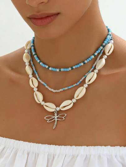 3件套时尚性感优雅百搭波西米亚海洋风贝壳撞色串珠蜻蜓吊坠项链，适合日常休闲、派对、音乐节、海滩度假等场合佩戴。