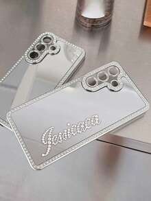 Personalized Customized Name Luxurious Rhinestone Makeup Mirror Phone Case Compatible With Samsung Galaxy S26 S25 S24 S23 Ultra Plus Anti Fall Shockproof Lens Protective Back Cover - Silver - View 6
