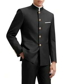Men's Classic Solid Color Suit Jacket,2-Piece Set Single-Breasted, Long Sleeves With Pockets, Chinese Style Slim Stand Collar Wedding Suit Jacket, Suitable For Parties And Ceremonies - 黑色 - 查看 1