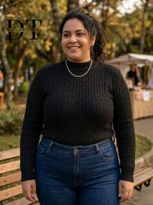 Women's Plus Size Knit Blouse With High Neck, Long Sleeves, Braided Knit Sweater With Fitted Cuffs, Winter - 藏蓝色 - 查看 4