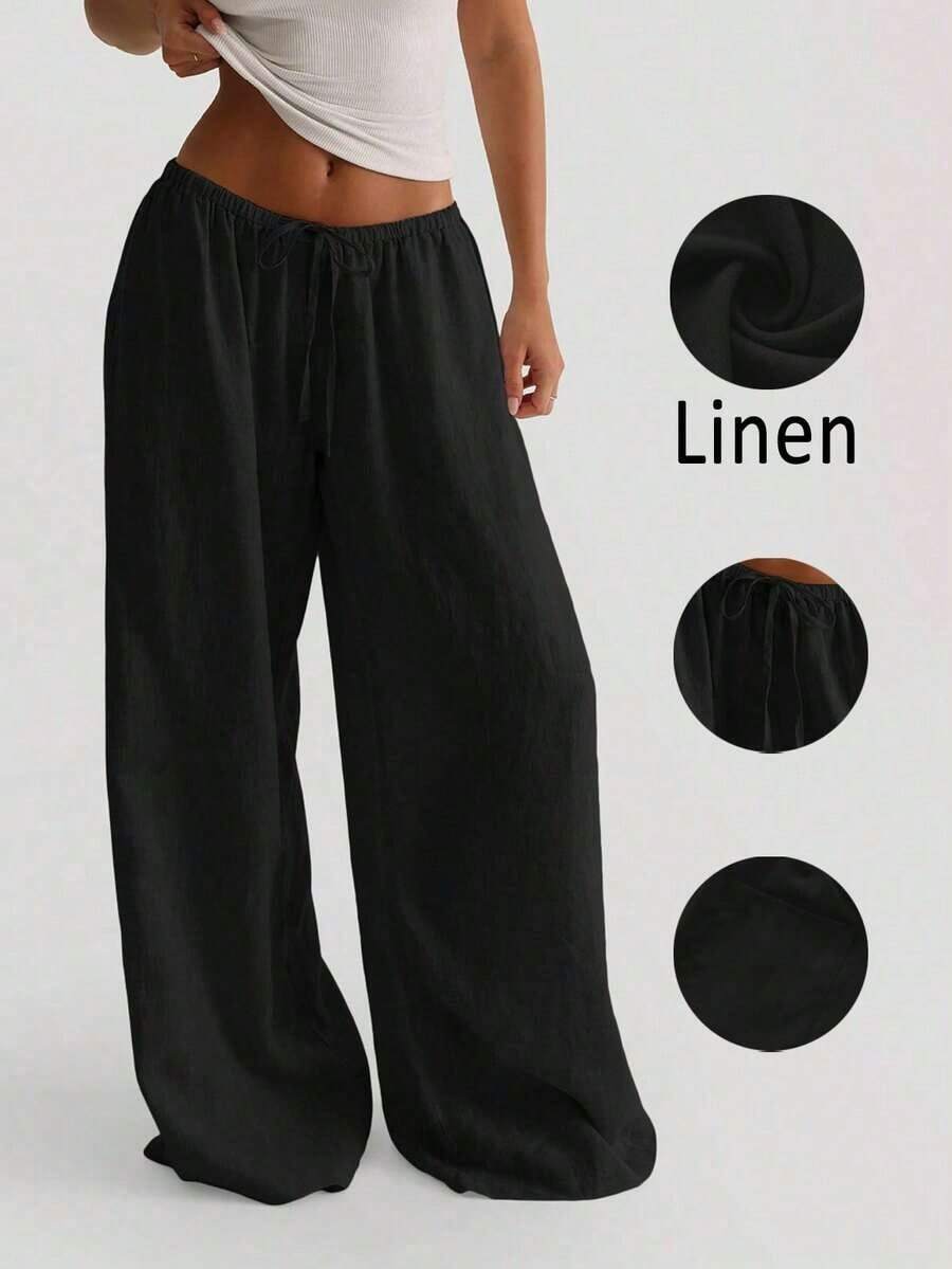Pantalones anchos de lino sueltos, cómodos y versátiles para mujer, color blanco, para primavera - Negro - Ver 1