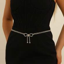 Delicate Rhinestone Bow Waist Chain, Sparkling Crystal Belly Belt For Dresses & Gowns - Silver - View 4