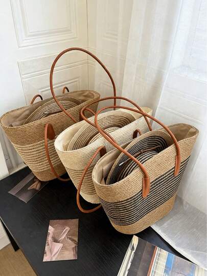 2件套草帽和大容量包包套装 - 夏季百搭撞色手提包和单肩包，搭配条纹遮阳帽，是休闲外出和海滩度假的完美配饰，非常适合作为儿童礼物