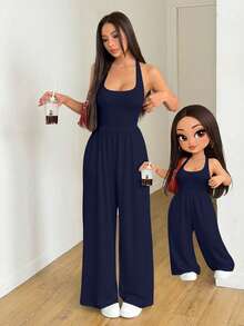 AITYI Studio 女士无袖连体裤，时尚宽松休闲舒适，面料柔软有弹性，适合返校/毕业季穿着，日常穿搭，街头潮流风格，露背设计 - 藏蓝色 - 查看 1