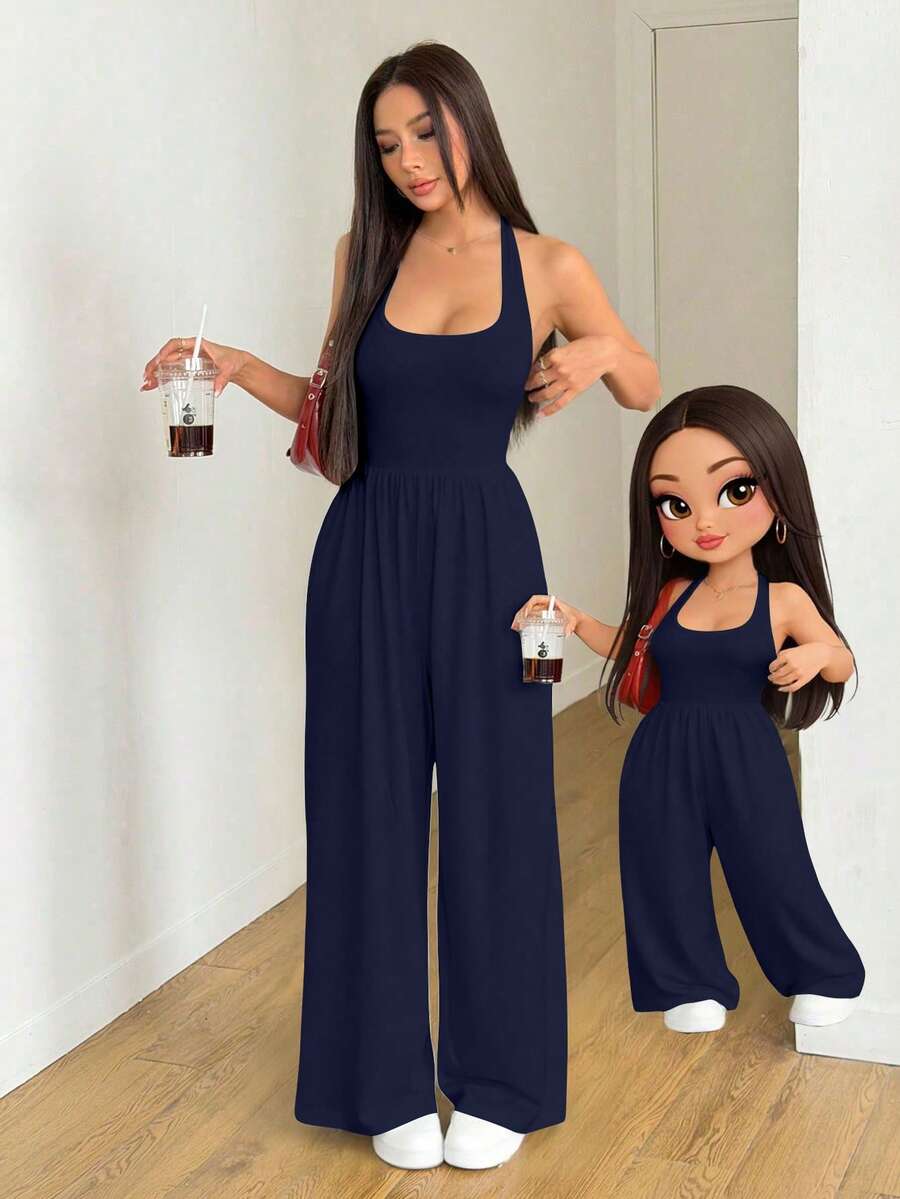 AITYI Studio 女士无袖连体裤，时尚宽松休闲舒适，面料柔软有弹性，适合返校/毕业季穿着，日常穿搭，街头潮流风格，露背设计 - 藏蓝色 - 查看 1