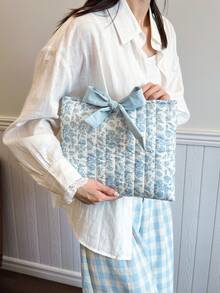 Bow & Ditsy Ditsy Floral Cosmetic Bag, Large Capacity Multi-Purpose Design - Baby Blue - View 5