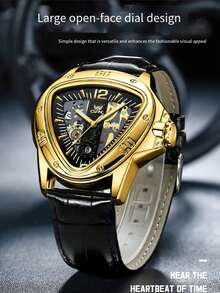 1pc Men's Gold Hollow Automatic Mechanical Watch, Luminous Pointer, Leather Strap, Fashion Business Gift Watch - Gold - View 9