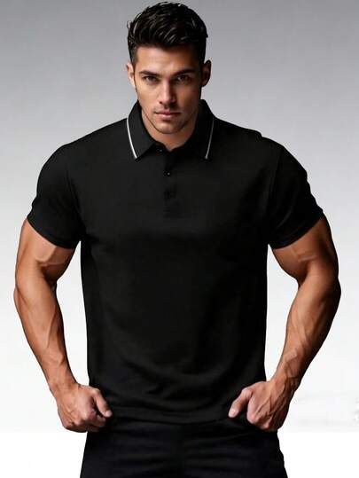 Men's Fashionable Casual Polo Shirt, Suitable For Sports, Outdoor Activities, Cycling, Hiking, Dating, Great Gift For Boyfriend Black